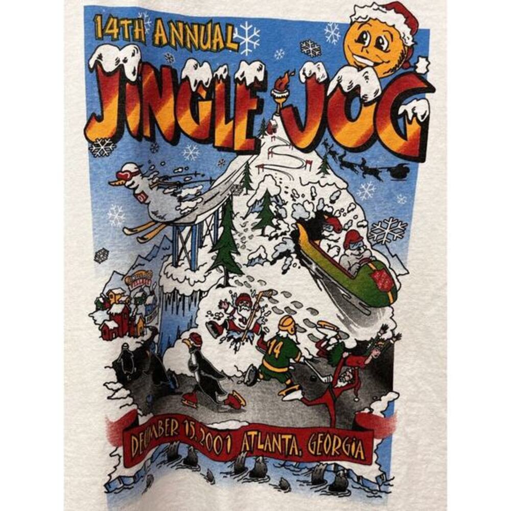 Vintage‎ 2001 Jingle Bell Jog T-Shirt Mens Medium Atlanta White Runner Santa - Picture 4 of 9